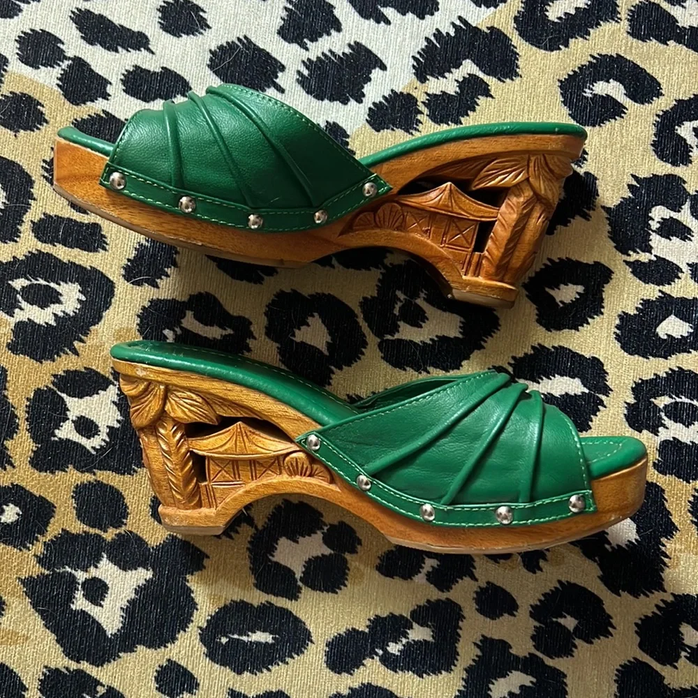 Vintage Green Satin Slide Sandals - Picture 2 of 8